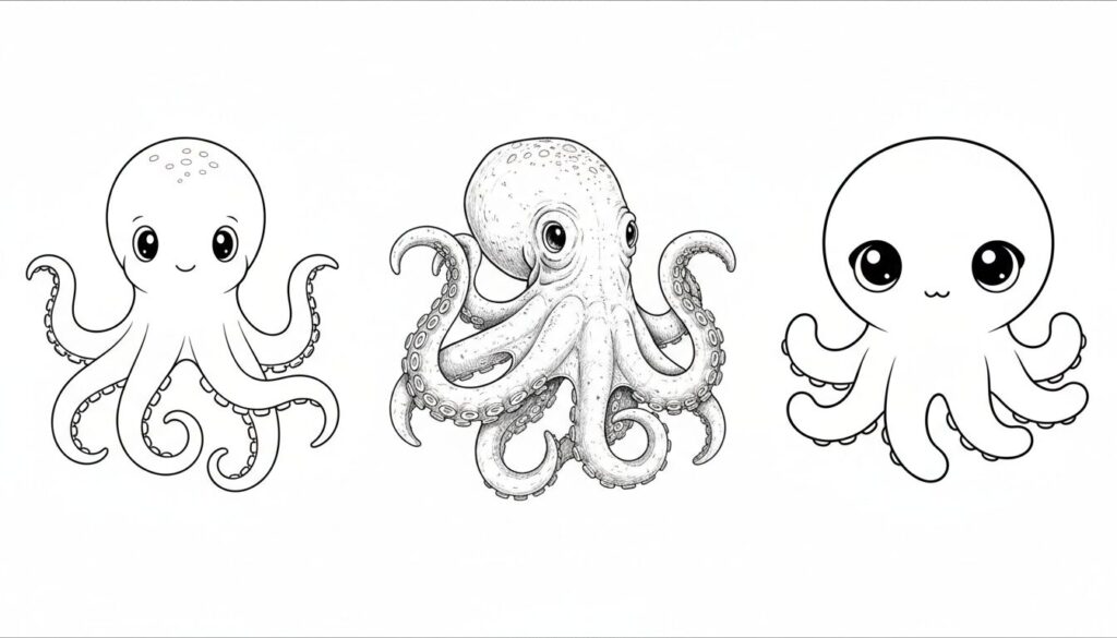 découvrez notre collection de coloriages de pieuvres comprenant des dessins simples, réalistes et kawaii à imprimer gratuitement pour petits et grands.