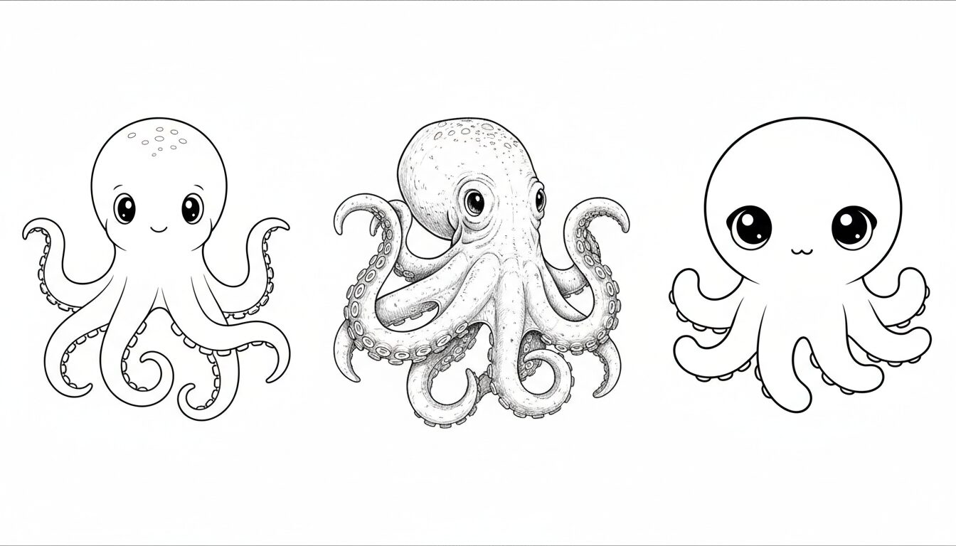 Coloriages de pieuvres : dessins simples, réalistes et kawaii à imprimer sans frais