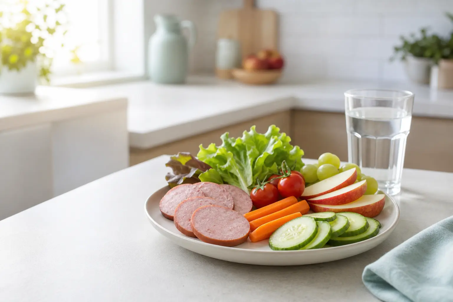 Cervelas assiette fruits légumes — alimentation équilibrée grossesse, sécurité alimentaire, nutrition saine