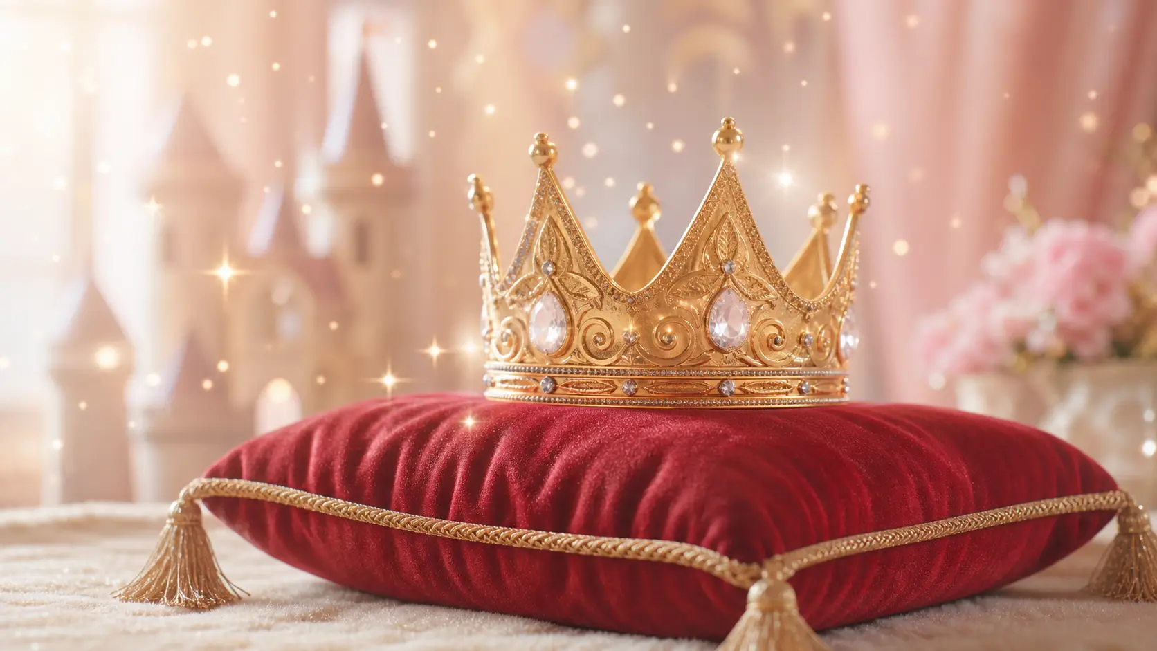 Disney princesses golden crown — enchanted world, stars, magical royal children ambiance