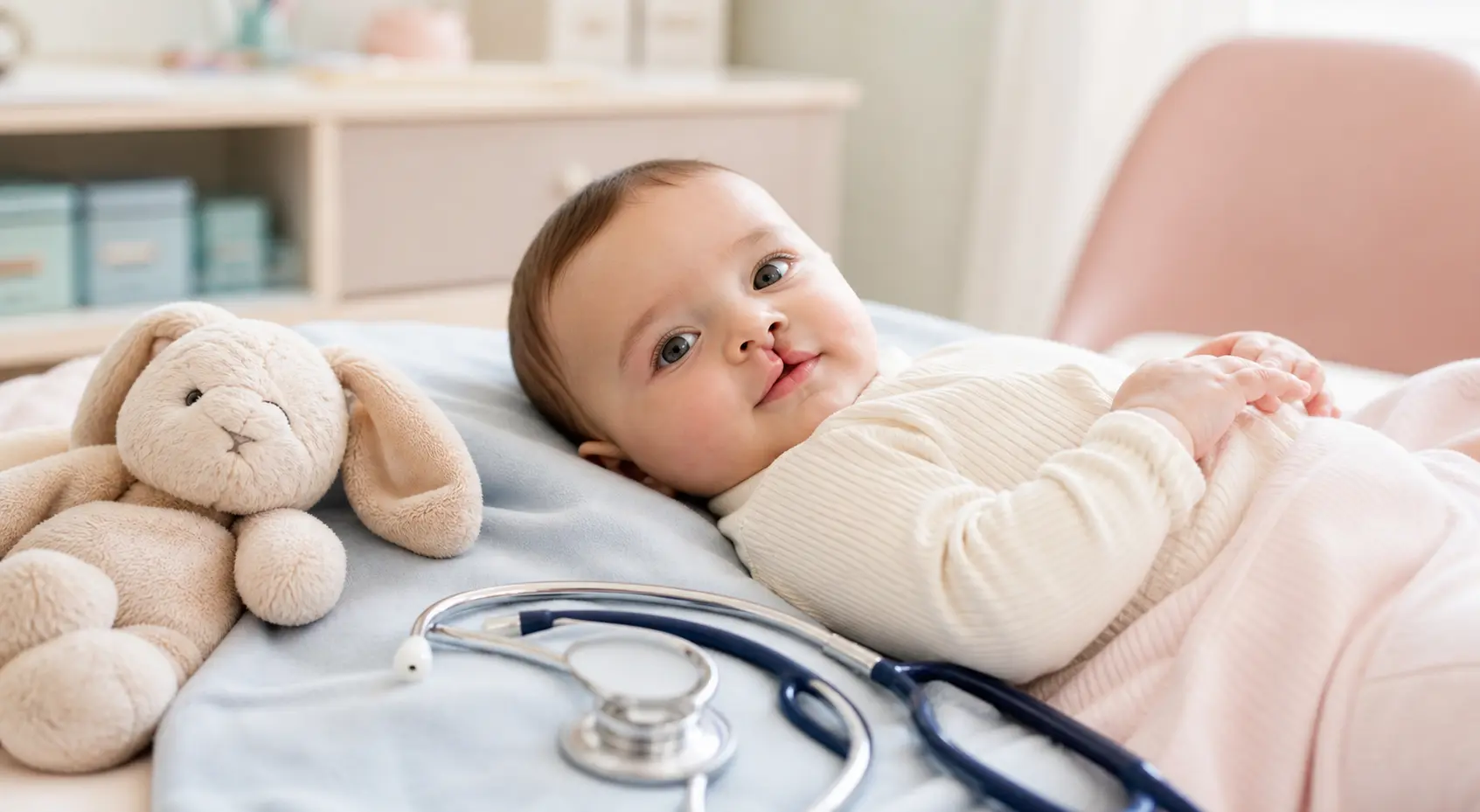 Fente labio-palatine bébé — stéthoscope doudou, accompagnement médical rassurant, soins pédiatriques doux