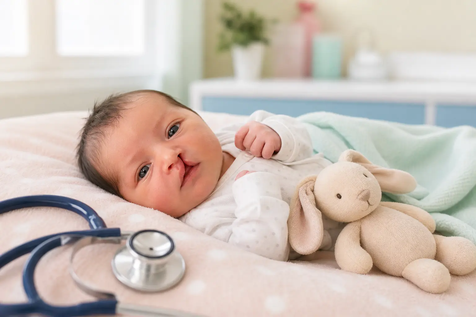 Cleft lip palate baby — stethoscope and stuffed toy, reassuring medical care, gentle pediatric support