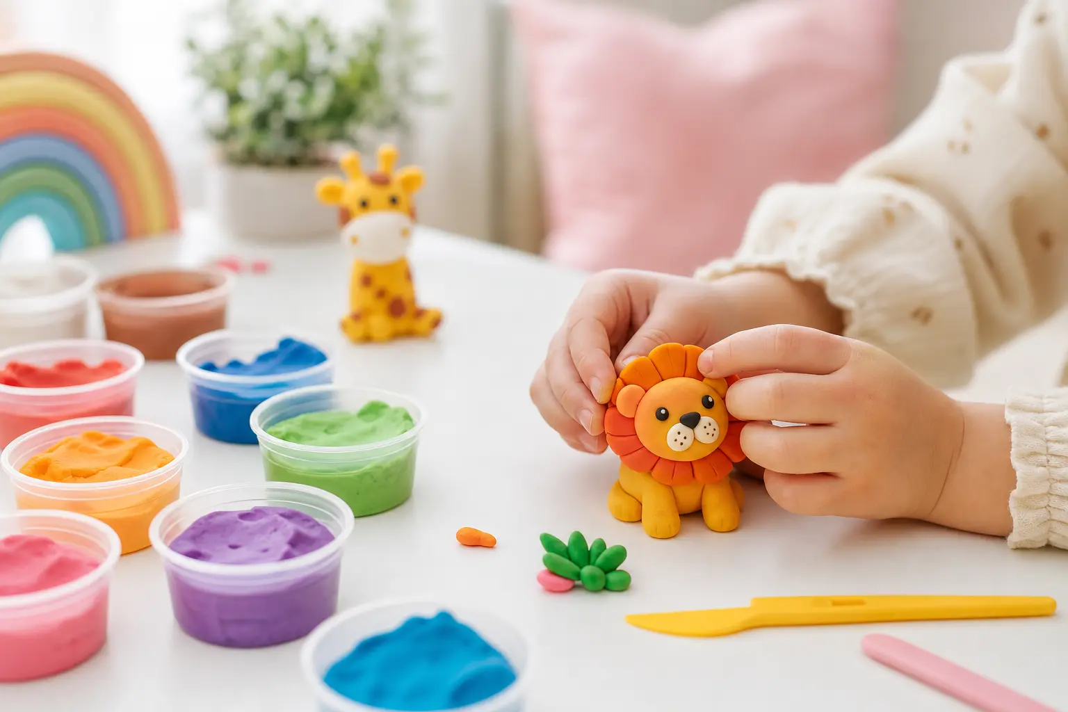 Modeling clay child hands — shaping animal, rainbow pots, creative playful activity