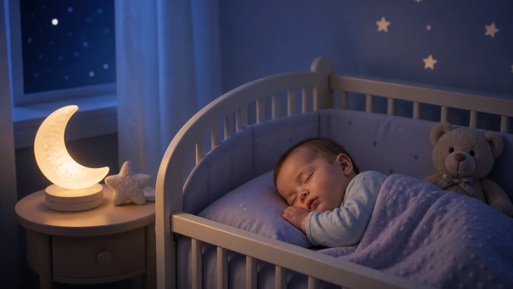 Night terrors child — moon nightlight teddy bear, baby bed, peaceful calm night