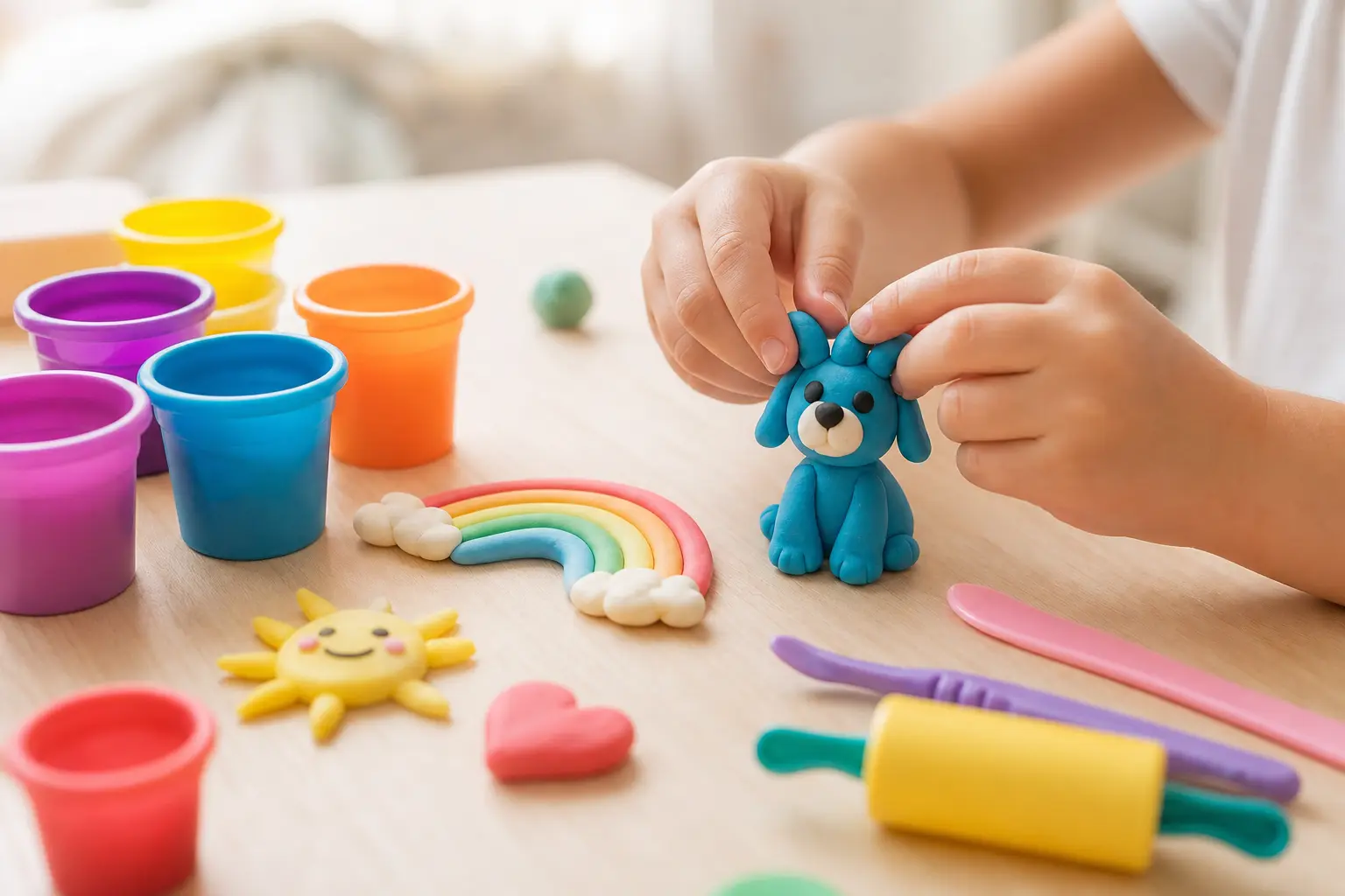 Pâte à modeler enfant — mains modelant animal, pots arc-en-ciel, activité créative ludique