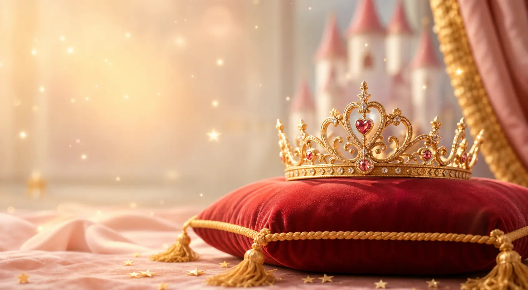 Princesses Disney couronne dorée — monde enchanté, étoiles, ambiance royale magique enfants