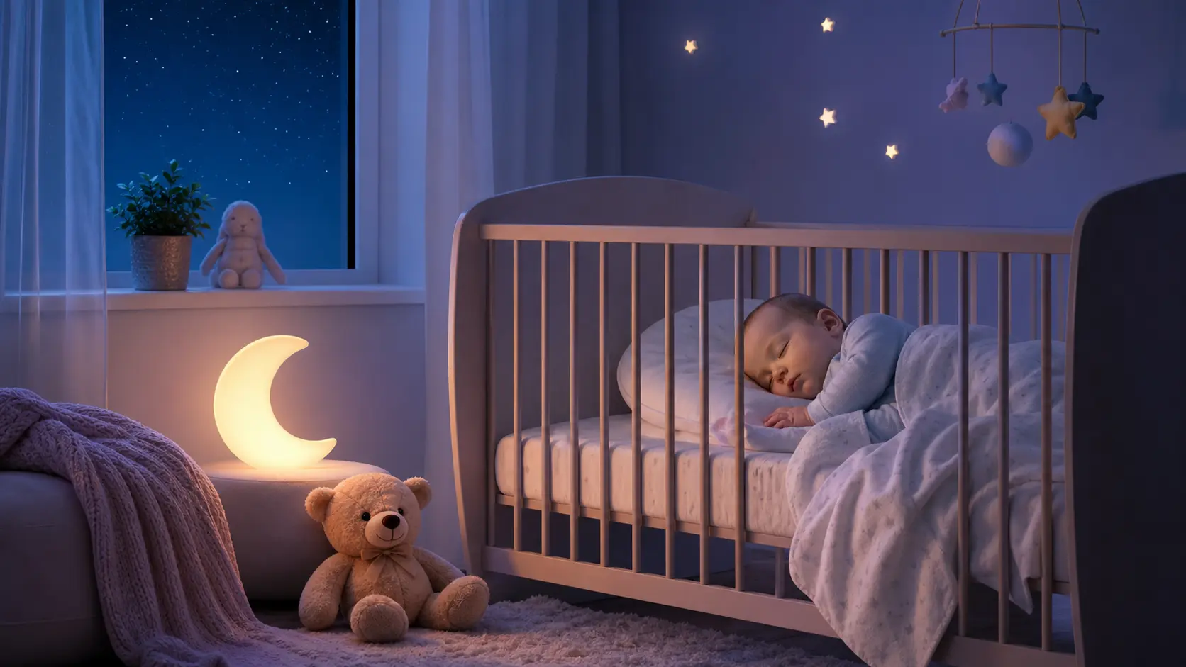 Terreurs nocturnes enfant — veilleuse lune peluche, lit bébé, nuit paisible calme
