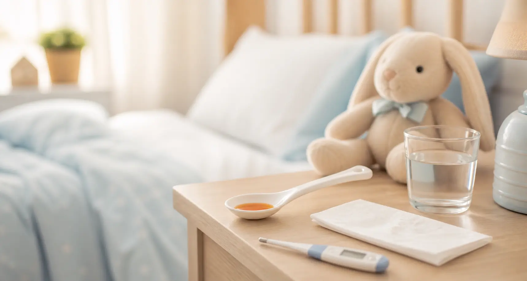 Toux enfant sirop mouchoir — soin toux grasse sèche, thermomètre, chambre douillette réconfort