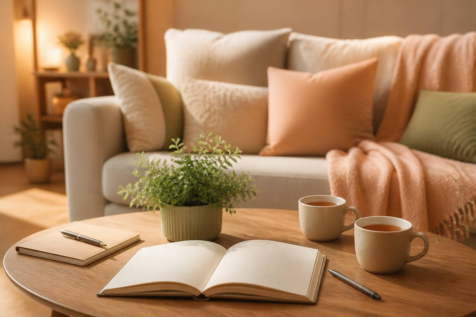 Table basse avec tasses de thé et livre de thérapie ouvert