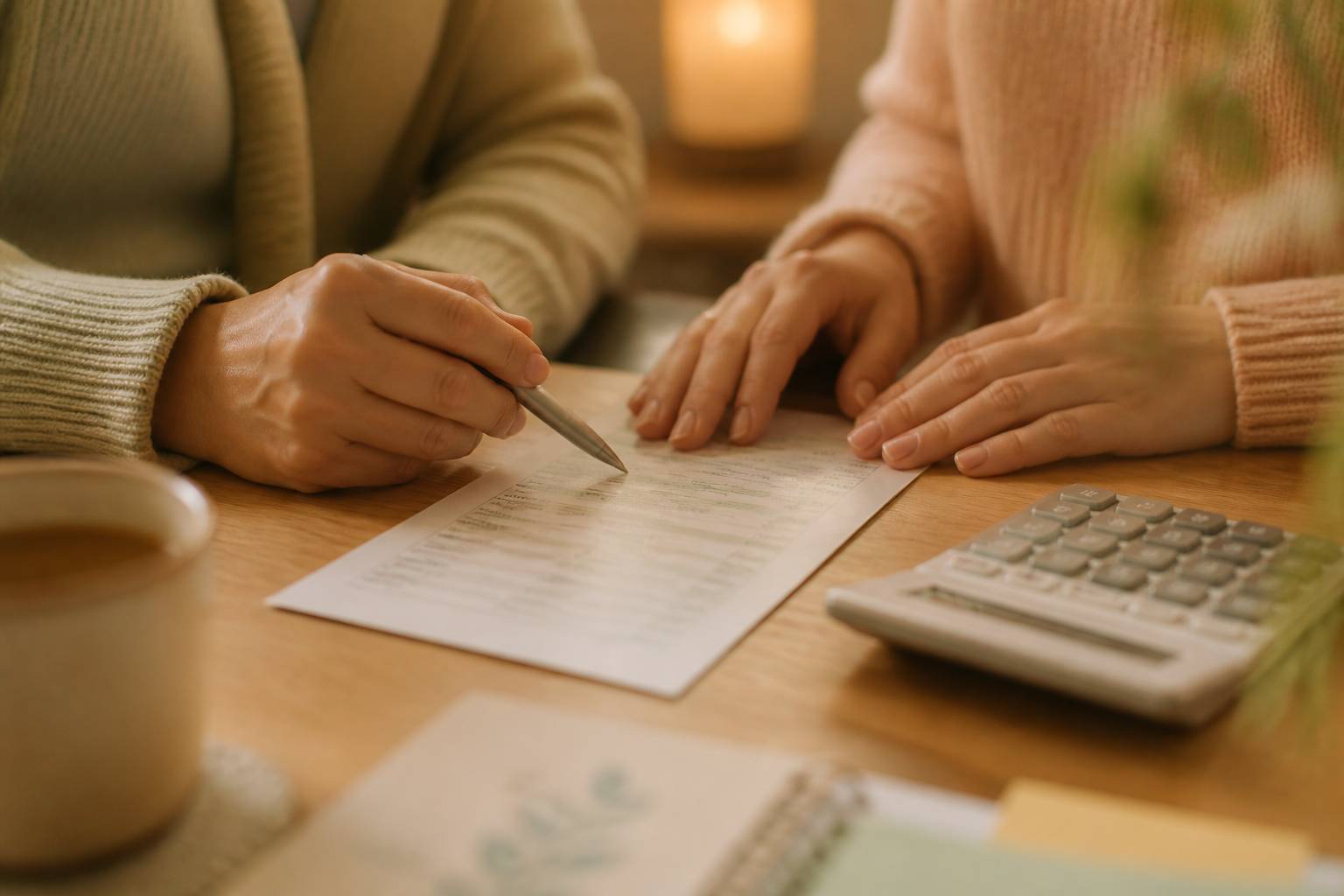 Mains analysant un relevé bancaire avec une calculatrice sur une table en bois