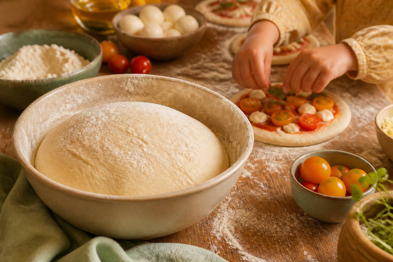 Boule de pâte à pizza qui lève avec une mini pizza garnie par un enfant