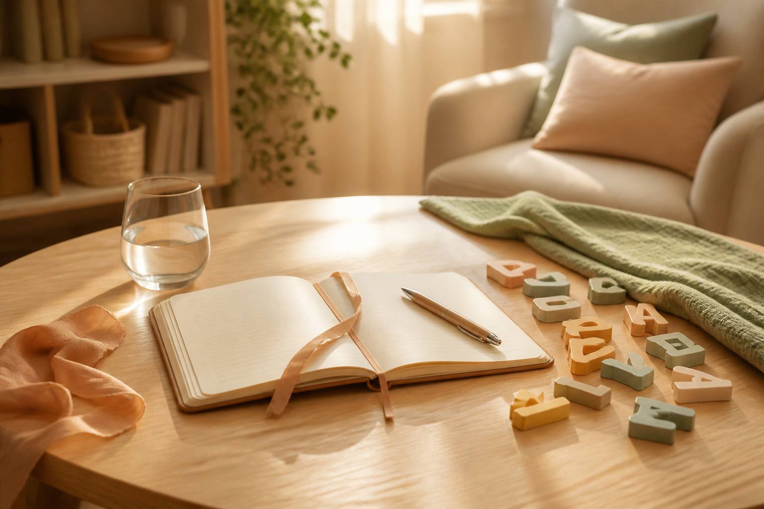 Lettres en bois et carnet de naissance sur une table