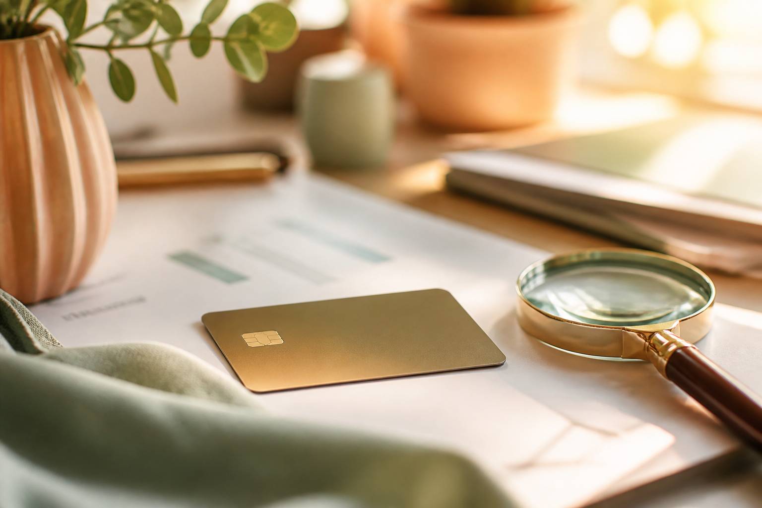 Carte bancaire et loupe sur un relevé de compte sans texte lisible