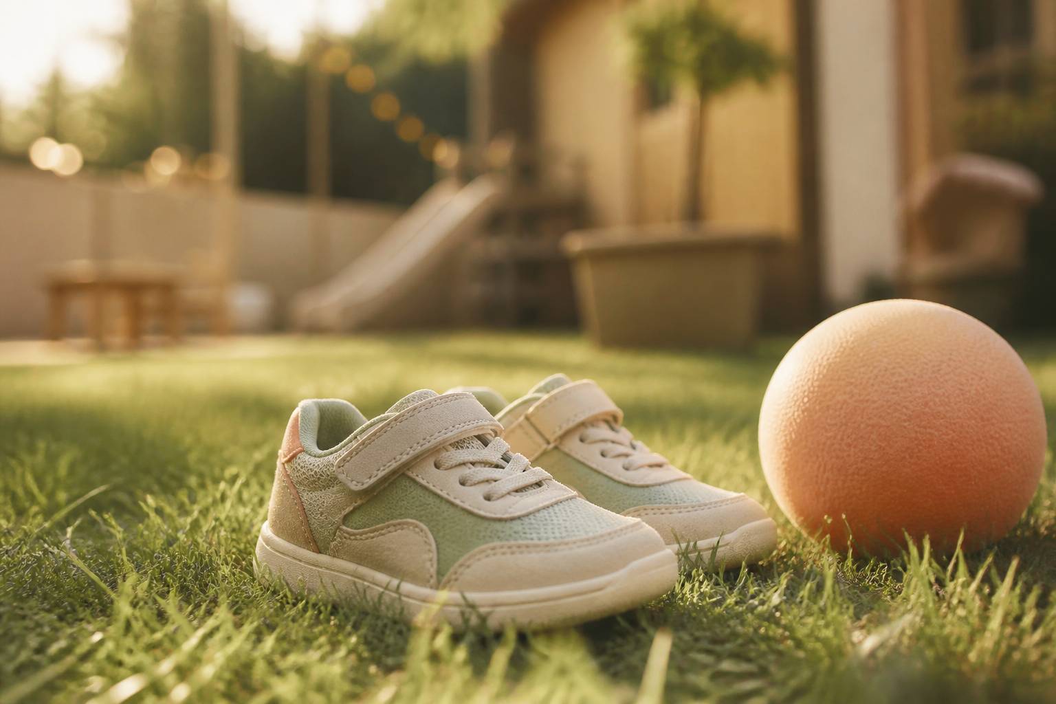 Chaussures de sport d'enfant et ballon posés sur l'herbe