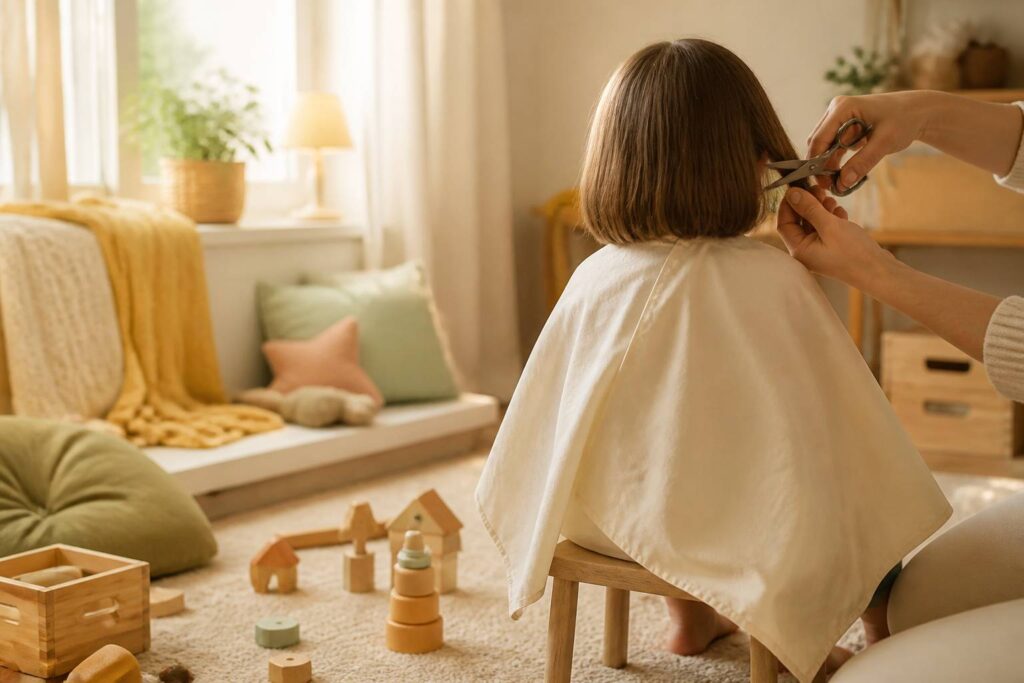 Enfant vu de dos avec une cape recevant une coupe de cheveux à la maison