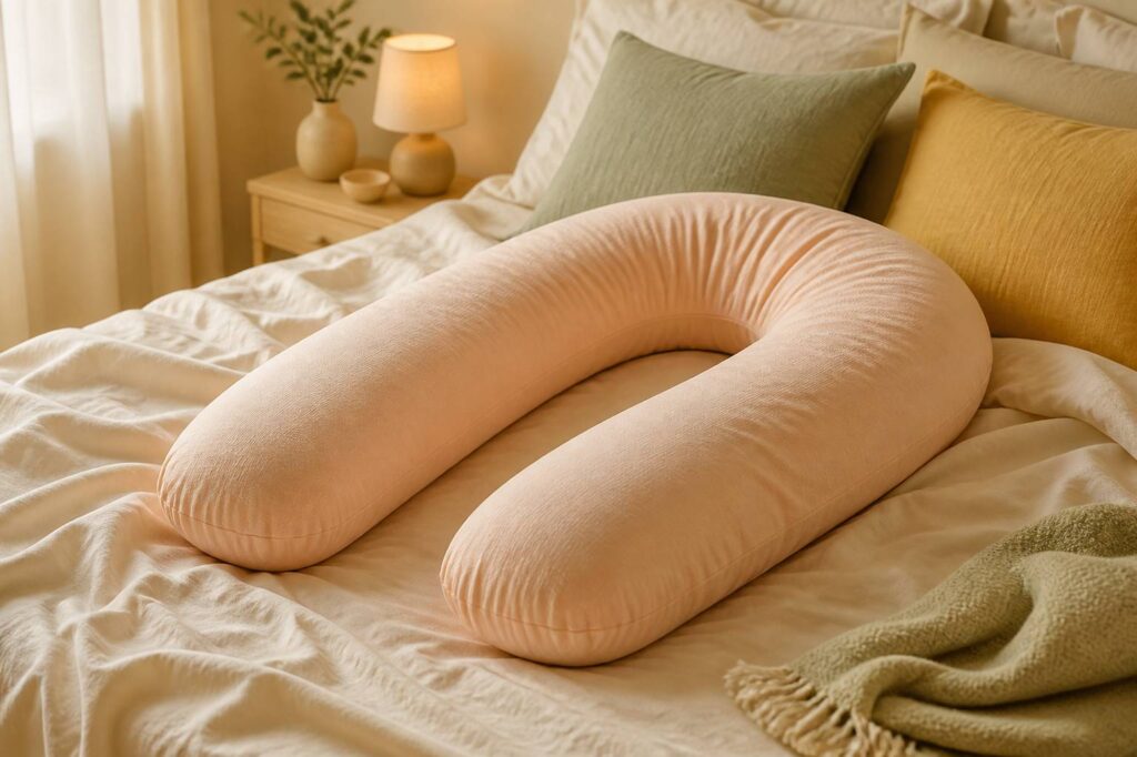 Coussin de grossesse en U sur un lit confortable