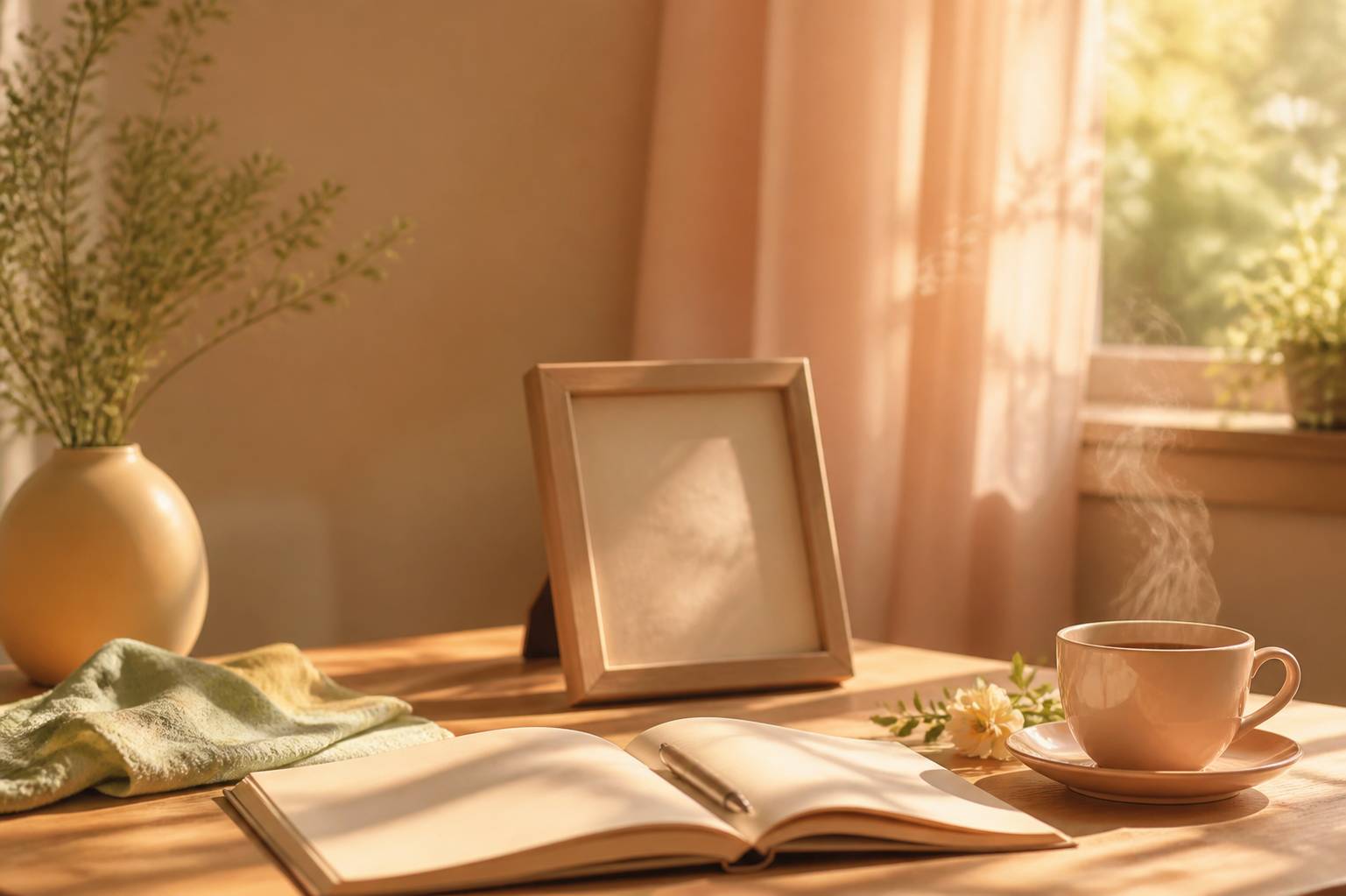 Carnet ouvert avec stylo et cadre photo sur un bureau calme