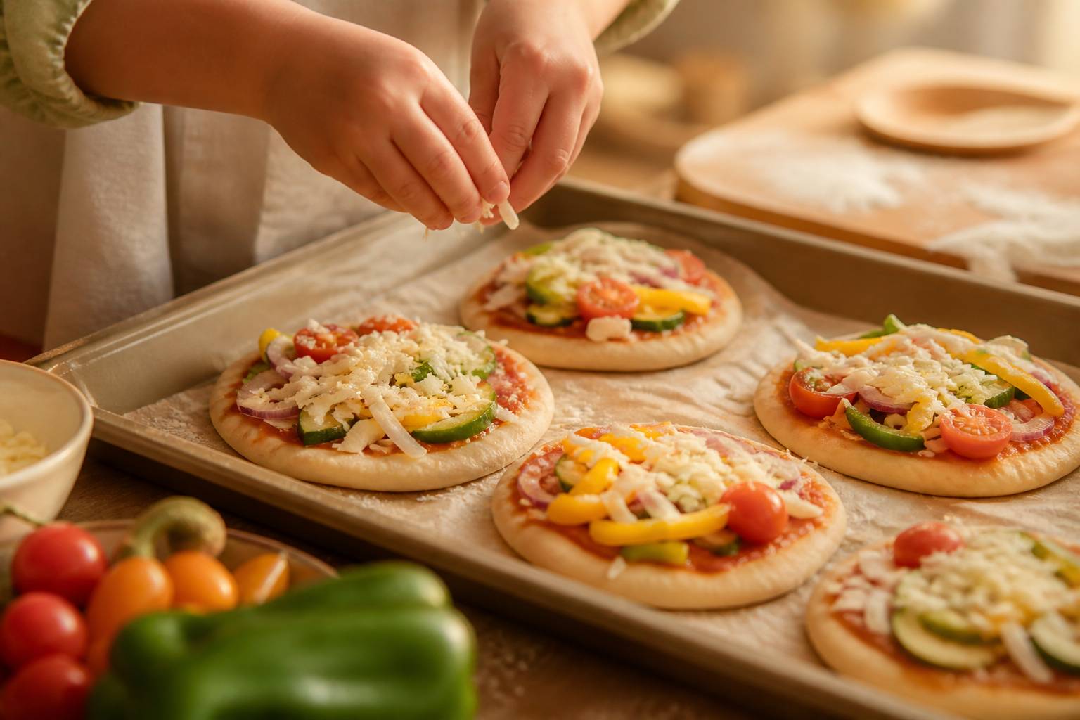 Mini-pizzas garnies de légumes sur une plaque de cuisson