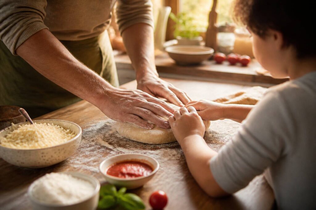 Famille pétrissant une pâte à pizza maison sur un plan de travail fariné