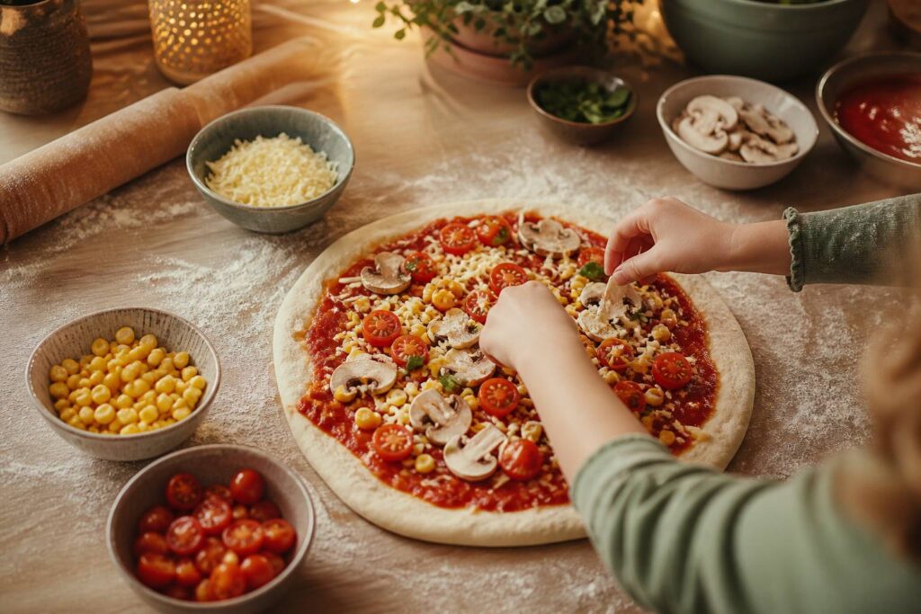 Pâte à pizza étalée avec des garnitures de légumes pour les enfants