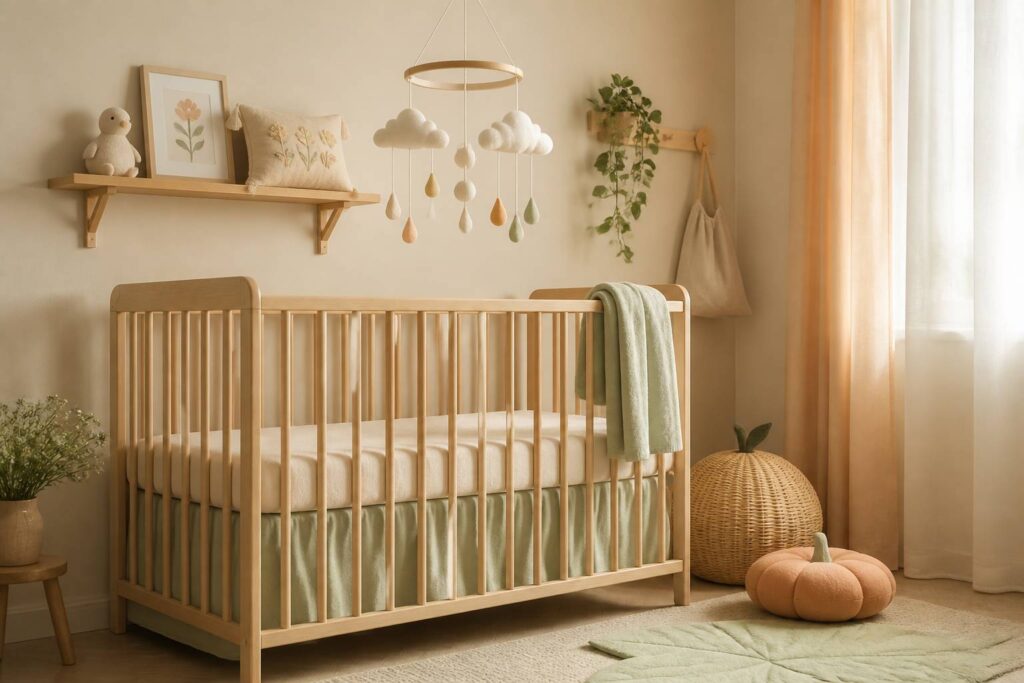 Chambre de bébé lumineuse avec berceau en bois
