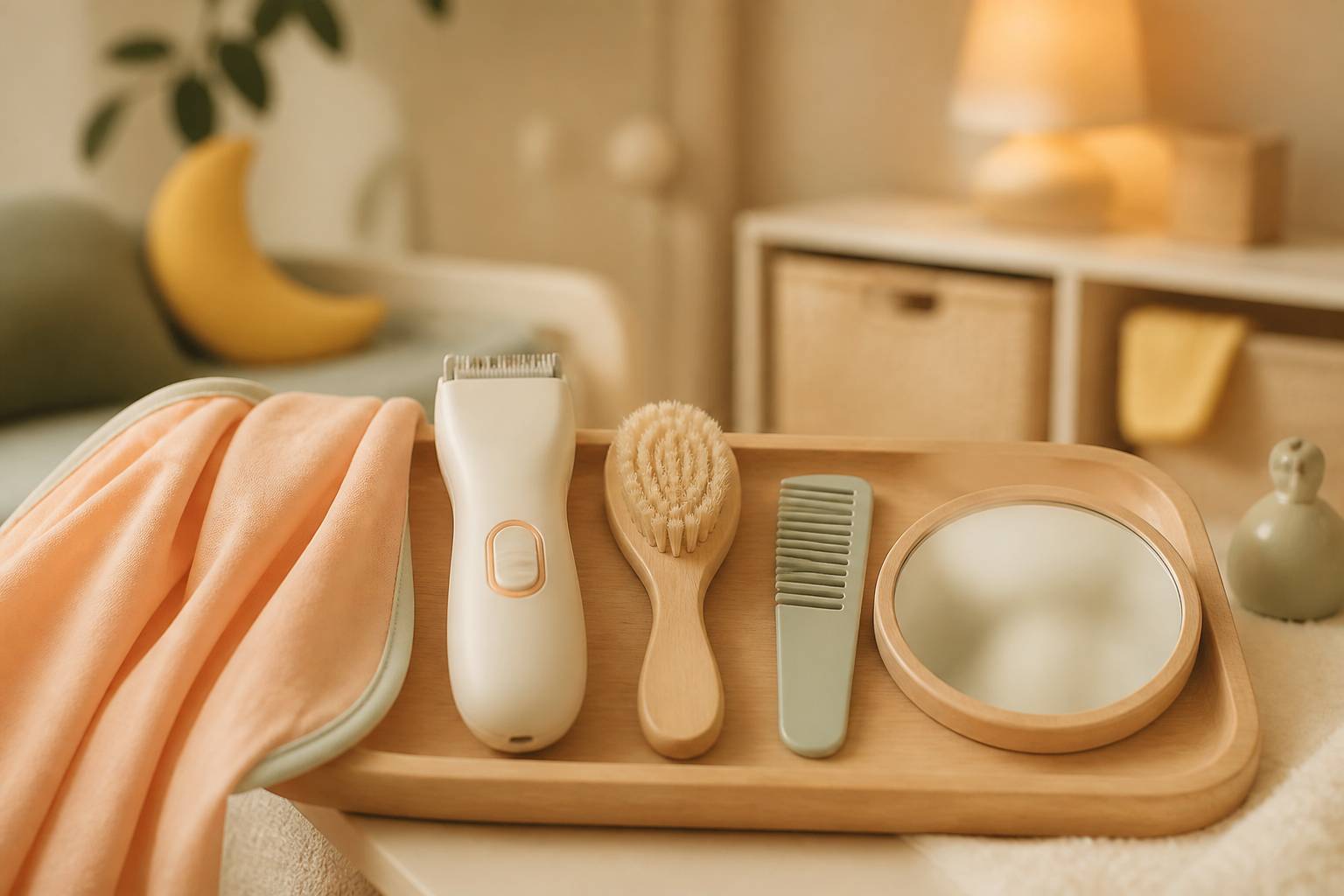 Child hairdressing equipment placed on a tray with cape and soft brush