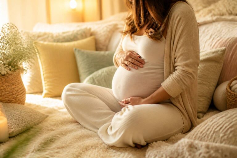 Future maman pratiquant la respiration assise dans une chambre chaleureuse
