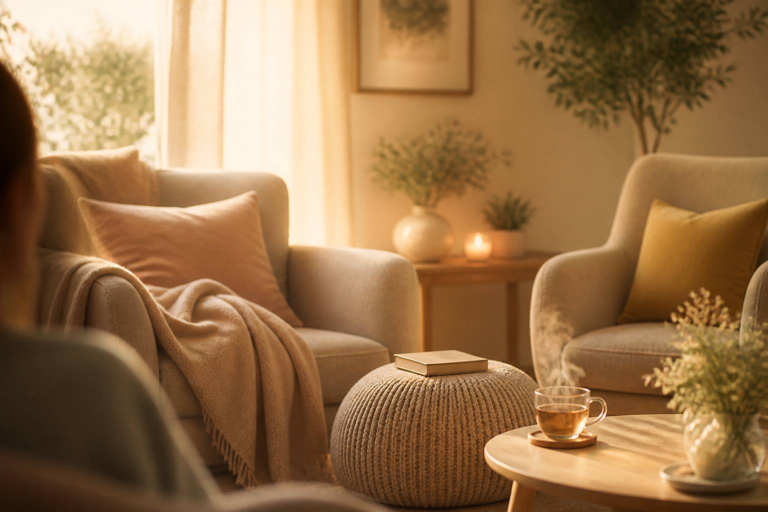 Coin salon apaisant avec fauteuils et tasse de tisane