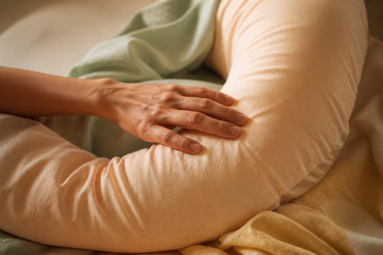Main sur le tissu doux d'un coussin de grossesse