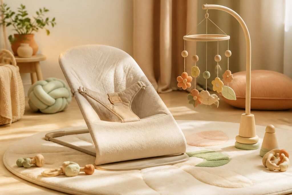 Transat bébé posé dans un salon lumineux