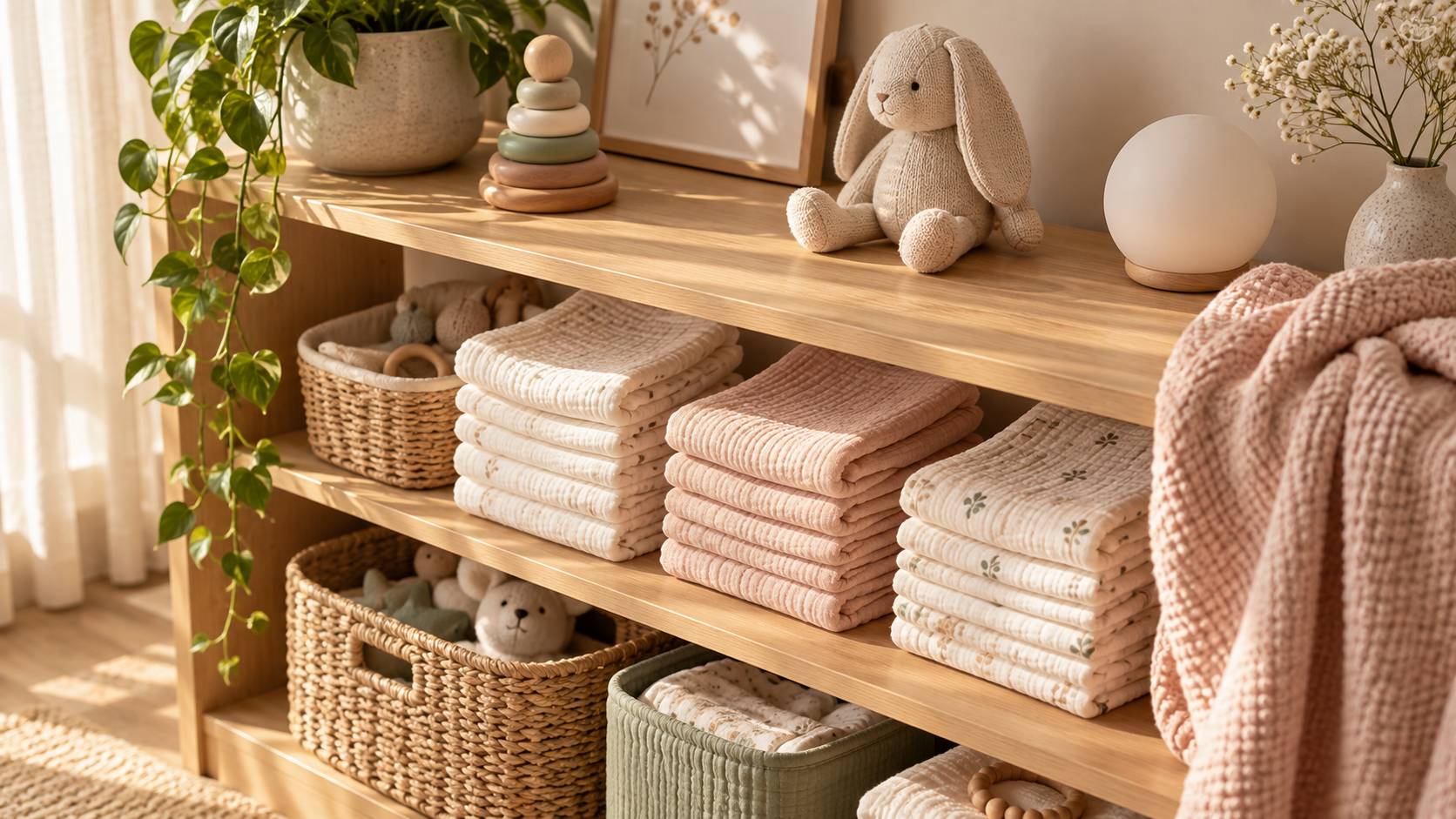 Linges plies, couverture douce et veilleuse ronde sur une etagere