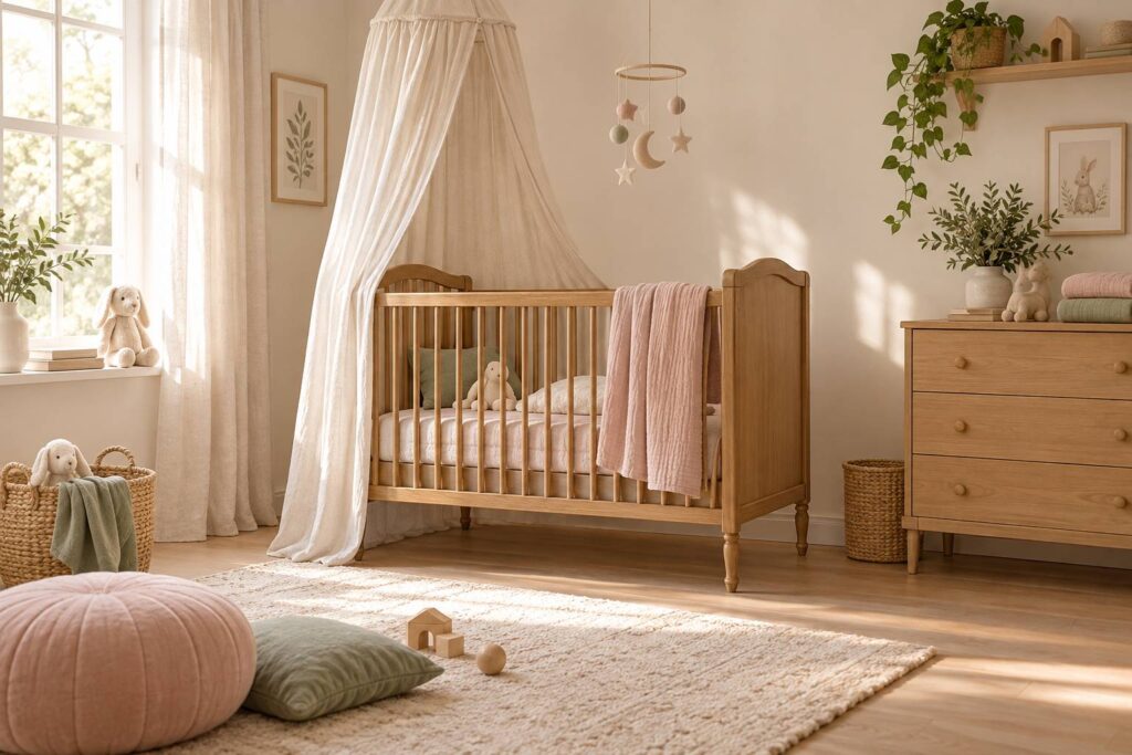 Berceau ancien en bois avec rideau de lin dans une chambre d'enfant claire