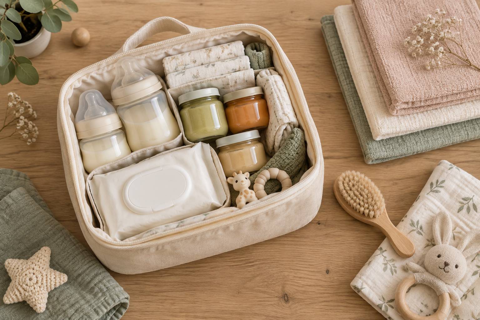 Biberons et petits pots ranges dans une trousse de voyage